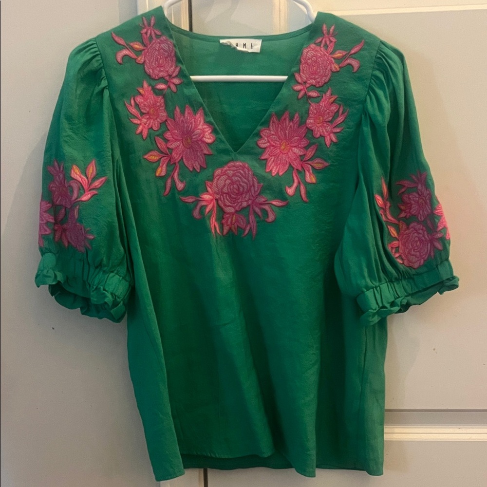 THML Green Top with Pink Floral Embroidery